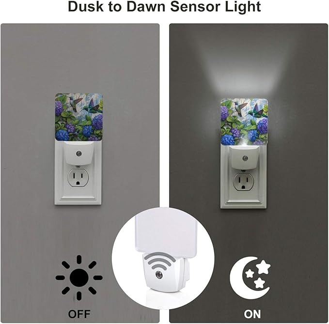 Led Night Light, Floral Hydrangea Hummingbird Decorative Plug in Nightlights,with Smart Auto Dusk to Dawn Night Light for Bedroom, Kitchen, Nursery, Bathroom