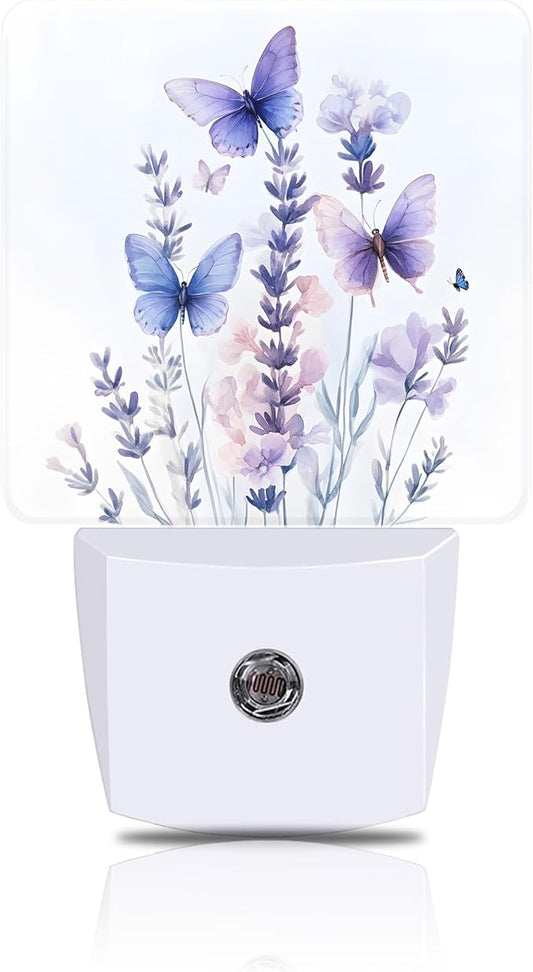 Night Light Watercolor Lavender Flower with Butterfly Night Lights Plug into Wall Smart Dusk to Dawn Sensor 0.5W Energy Efficient Led Lamp for Men Women Bedroom Hallway Stairway Decor