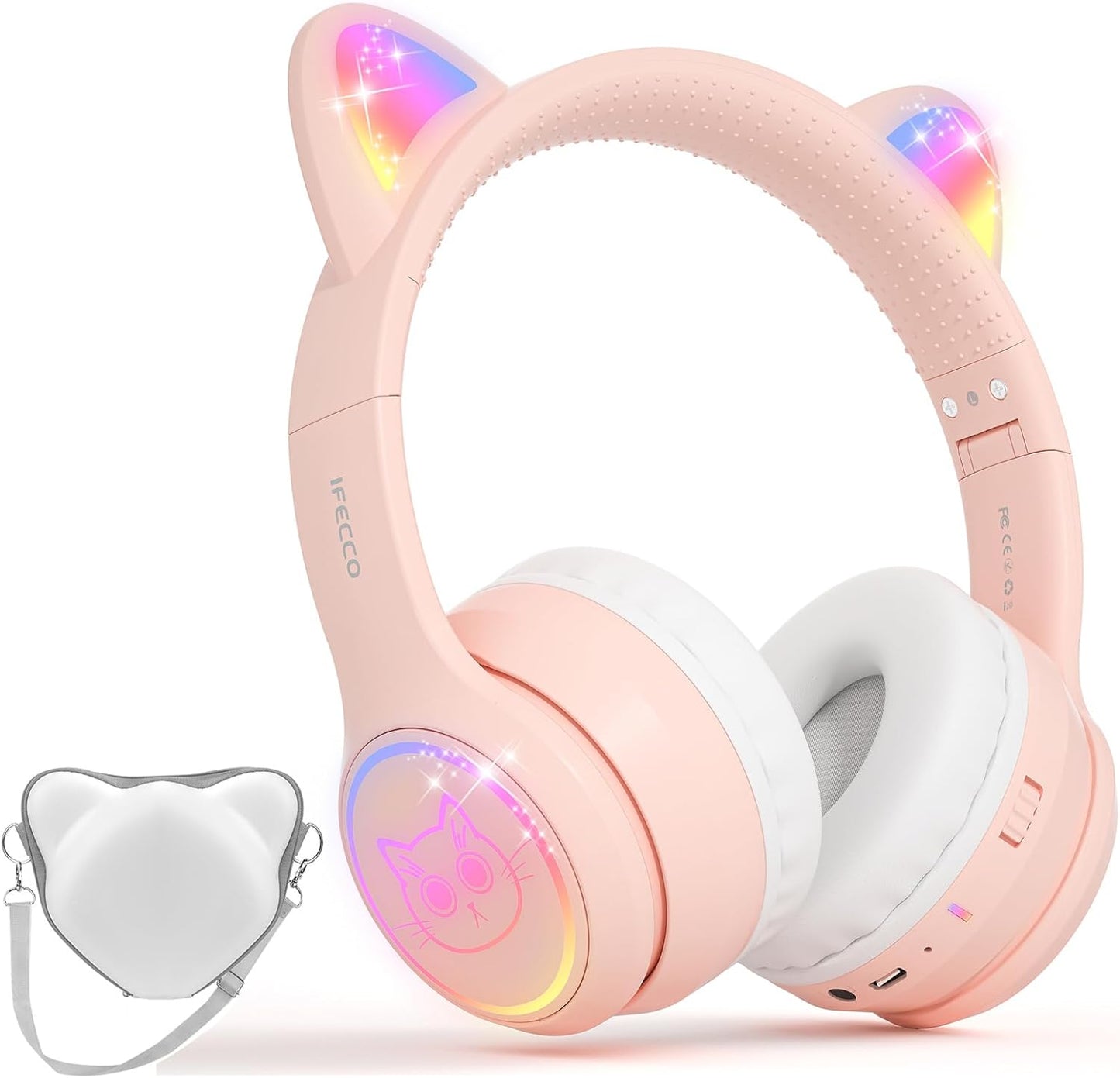 IFECCO Wireless Kids Headphones with Microphone,Foldable Cute Light Up Cat Ear Children Girls Bluetooth Headphones with Case for School Gifts Travel