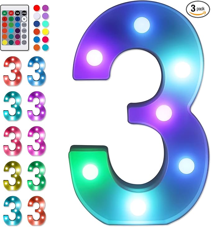 Foaky Colorful LED Number Lights with Remote,MarqueeLight Up Number Sign for Night Light Wedding/Birthday Party Battery Powered Christmas Lamp Home Bar Decoration (3)