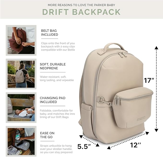 Parker Baby Drift Neoprene Backpack & Belt Bag | Roomy, Soft & Water Resistant | Travel Essentials w/ Diaper Changing Pad | No-Bulk Design w/ Adjustable Stroller Straps in Modern & Neutral Colors