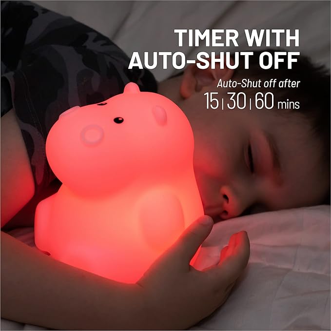 LumiPets Honey the Hippo Silicone Night Light for Kids | Squishy Lamp with Tap & Remote Control | Rechargeable, 9 Color Changing Animal Night Light for Boys & Girls | Portable Nightlight With USB Cord