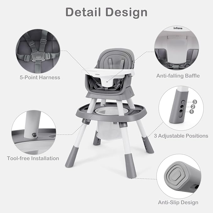 INFANS 9 in 1 High Chair, Convertible Baby Highchair for Babies and Toddlers, Table and Chair Set Building Block Infant Dining Booster Seat, Kids Stool with Activity Children Play Kitchen (Grey)