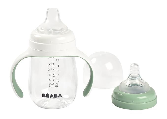 BEABA 2-in-1 Baby Bottle to Transition Sippy Cup, No Spill Sippy Cup, Includes Removable Handles, Silicone Baby Bottle Nipple and Soft Spout, 7 oz (Sage)