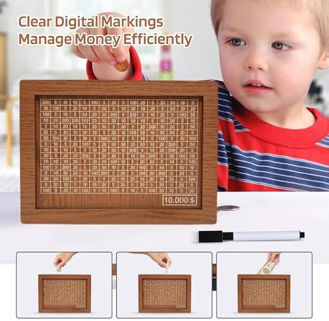 10000 Savings Challenge Box, Money Saving Box with Money Target and Numbers, Cash Vault Wooden Savings Box, Wooden Money Box, Coin Counter Piggy Bank for Adults, Wooden Coin Bank for Kids 10,000