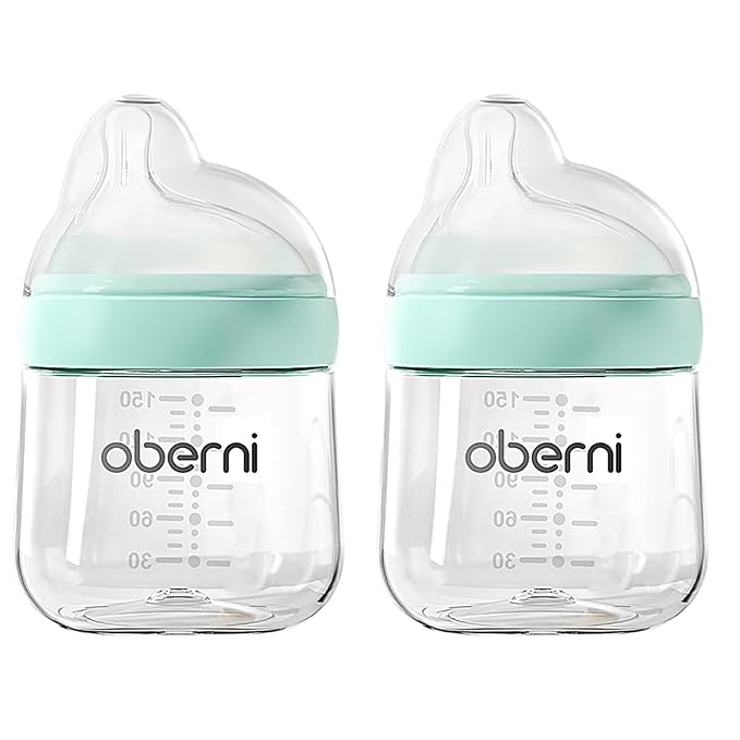 Baby Bottles with Slow Off-Centered Nipple for 0+ Months, Anti Colic Newborn Milk Feeding Bottle, 150ml/5oz/Blue/2Pack