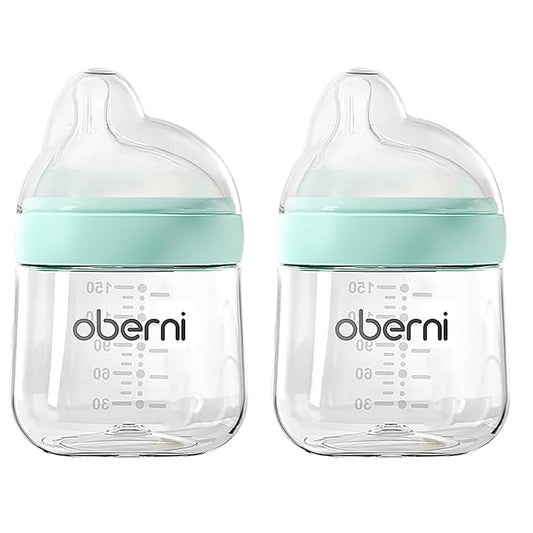 Baby Bottles with Slow Off-Centered Nipple for 0+ Months, Anti Colic Newborn Milk Feeding Bottle, 150ml/5oz/Blue/2Pack