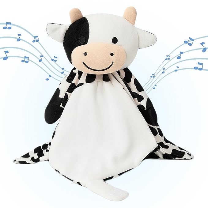 Baby Sleep Soother Black & White Cow Plush with Heartbeat & Lullaby Sounds, 4-in-1 Sound Machine, Security Blanket & Pacifier Holder, Baby Registry Essential & Christmas Gift for Newborns & Infants