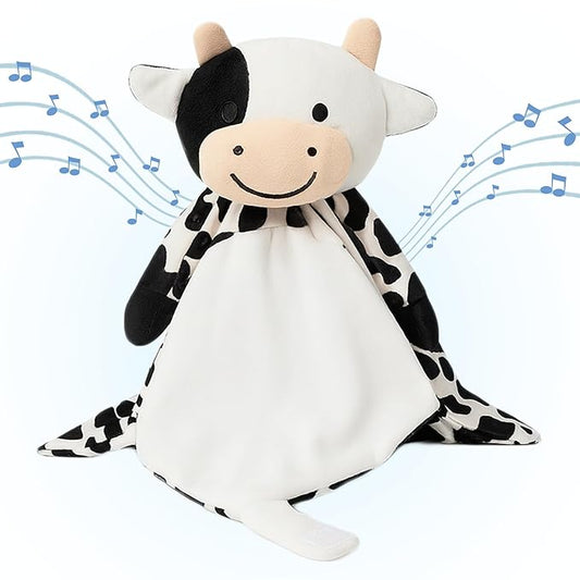 Baby Sleep Soother Black & White Cow Plush with Heartbeat & Lullaby Sounds, 4-in-1 Sound Machine, Security Blanket & Pacifier Holder, Baby Registry Essential & Christmas Gift for Newborns & Infants