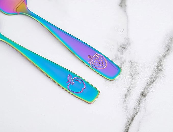 CHILLOUT LIFE Stainless Steel Kids Silverware Set 6 Pieces - Child and Toddler Safe Flatware - Kids Utensil Set - Metal Kids Cutlery Set (Includes 3 Small Kids Spoons & Kids 3 Forks, UV Rainbow)