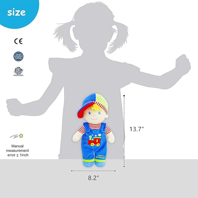 June Garden 13.5" Soft Dolly Ben - Stuffed Soft Baby Boy Doll for Birth and Up - Blue Outfit