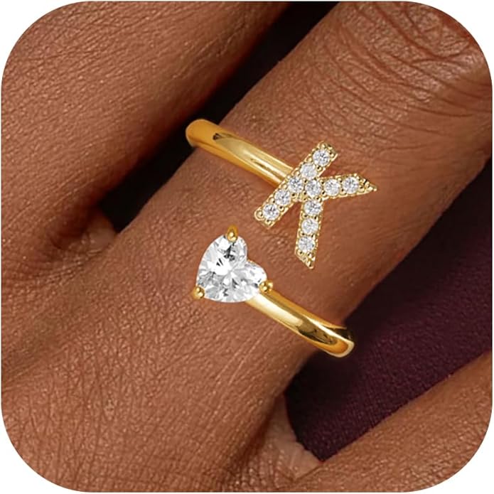 Initial Gold Rings for Girls Women - Dainty 14K Gold Plated Adjustable Letter A-Z Rings Teen Girls Gifts Trendy Stuff Heart CZ Initial Ring Teens Birthday Gift for Girls Non Tarnish