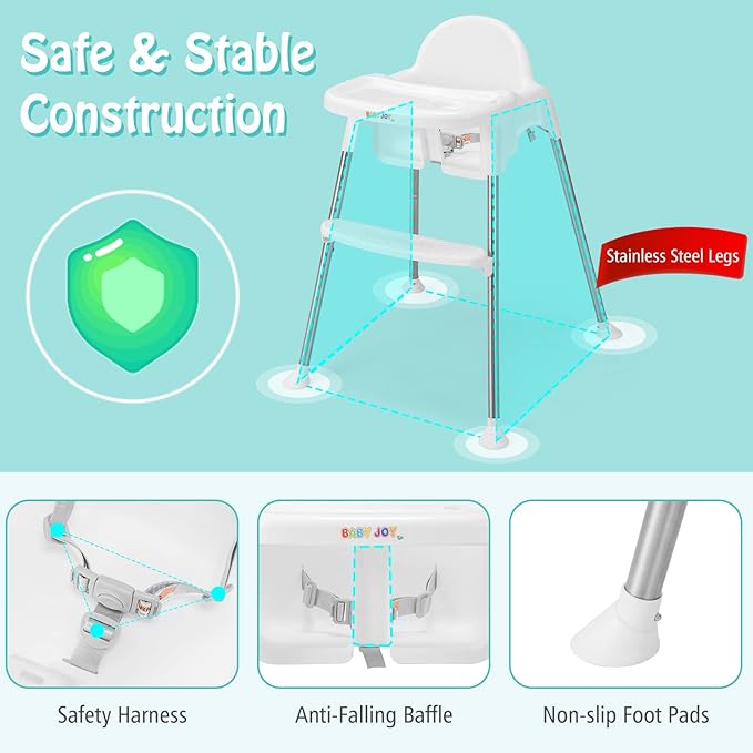 BABY JOY Baby High Chair, 4 in 1 Convertible Highchair for Babies & Toddlers with Adjustable Legs, Double Removable Tray, Safety Harness & Footrest (White)
