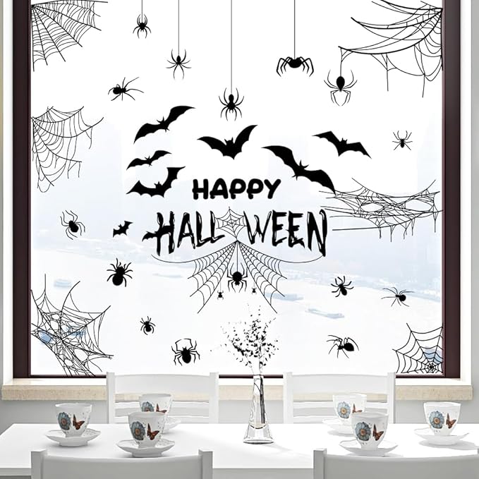 Halloween Bat and Spider Web Window Stickers Set - Horror Decoration Window Door Glass Stickers Ghost House Party Set Home Living Room Windows, Front Door Glass, Office Partitions, Store Showcases