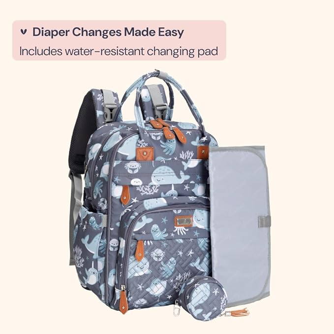 BabbleRoo Diaper Bag Backpack - Baby Essentials Travel Tote - Multi Function Water Resistant Diaper Bag, Travel Essentials Baby Bag with Changing Pad, Stroller Straps & Pacifier Case - Sea Animals