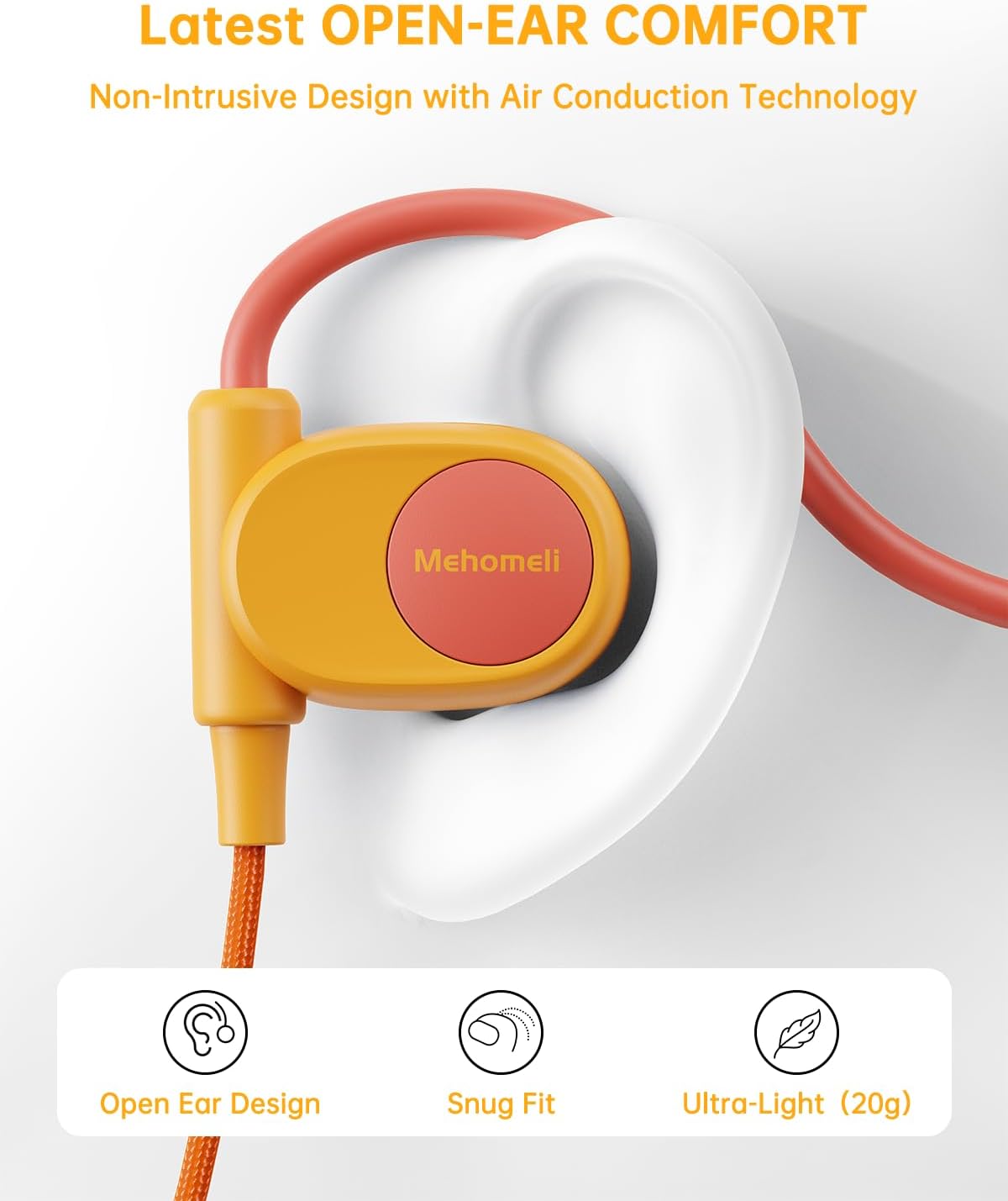 Kid Headphones for School, Air Conduction Open Ear Headphones, 3.5mm Jack Wired Cord, Ultra-Comfort, Ergonomic and Lightweight Design Perfect for School and Outdoor Activities-Orange