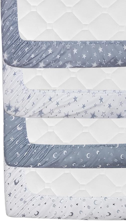 4 Pack Star and Moon Neutral Unisex Fitted Baby Sheets Set for Baby Boys or Girls (Crib Sheets)