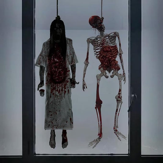 2 Sheets Halloween Window Clings Spooky Double-Sided Hang Bloody Female Ghost & Skeleton Designs Window Decals Decor for Halloween Home Office Party Glass Decoration Supplies
