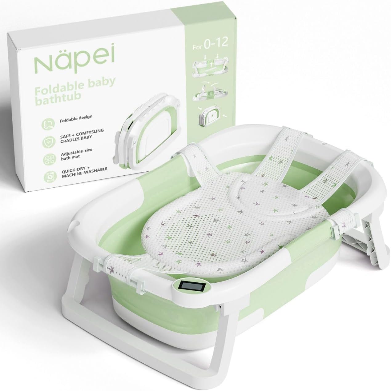 Collapsible Baby Bathtub,Baby Bath Tub with Soft Cushion & Thermometer,Baby Bathtub Newborn to Toddler 0-36 Months,Portable Travel Baby Tub