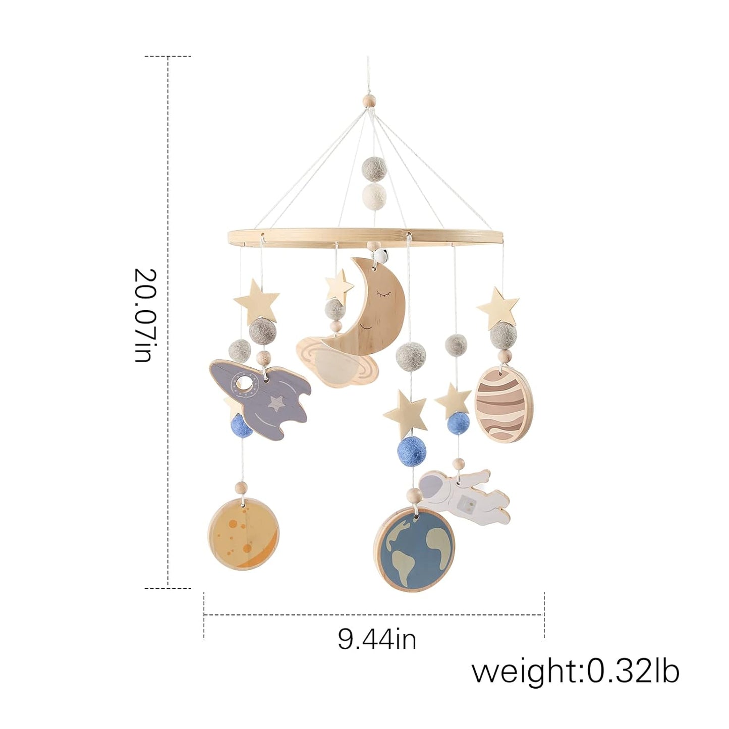 Space Nursery Mobile - Wooden Baby Mobile - Solar System Crib Mobile Astronaut Space Theme Nursery Bed Decoration, Gift for Newborn (Blue)
