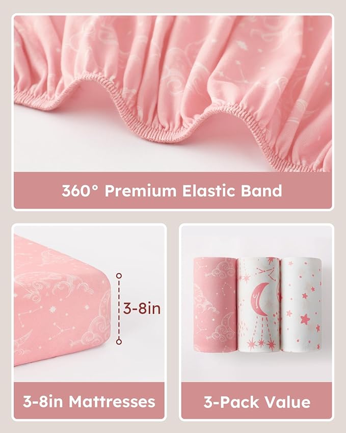 Baby Crib Sheets for Boys Girls, 28x52x8in Fitted Crib Sheet Neutral 3 Pack for Standard Crib and Toddler Mattress, Breathable Soft Microfiber Baby Sheet Pink White Moon