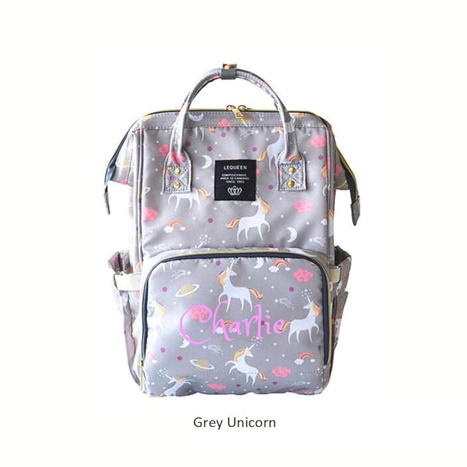 Personalized Large Diaper Bag Knapsack/Tote Bag/Backpack -Custom Monogram Embroidered for Infant/Baby Bag (Grey Unicorn 2)