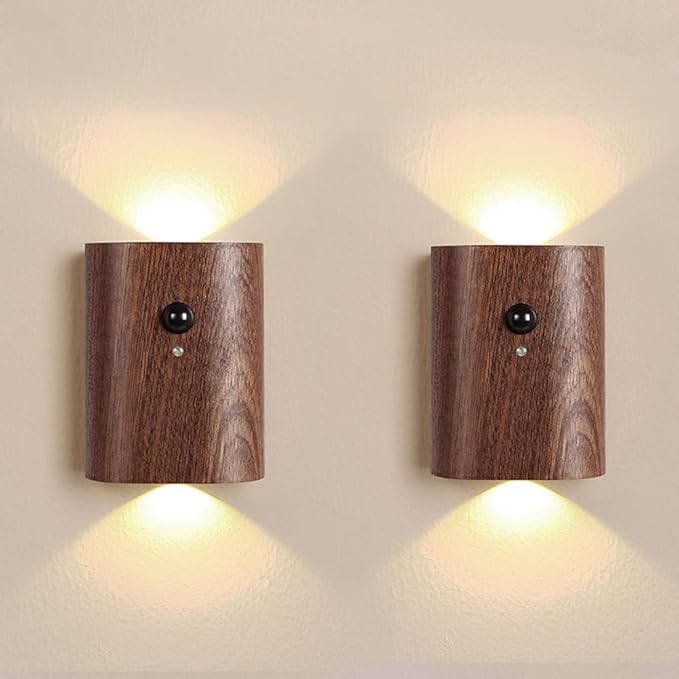 LANDGOO Smart Night Light Step Lights 2 Pack - Rechargeable Motion Sensor Stair Lights, 2700K Warm White LED, Walnut Wood for Hallway & Bedroom Safety