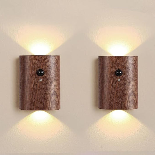 LANDGOO Smart Night Light Step Lights 2 Pack - Rechargeable Motion Sensor Stair Lights, 2700K Warm White LED, Walnut Wood for Hallway & Bedroom Safety