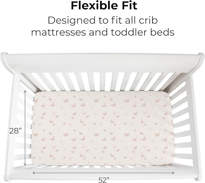 Ely’s & Co. Crib Sheets, Baby Girl Fitted Crib Mattress Sheet Set, 2 Pack, 100% Jersey Knit Cotton, Infant and Toddler Nursery Bedding, Pink Butterfly + Stripes Print, 28” x 52”