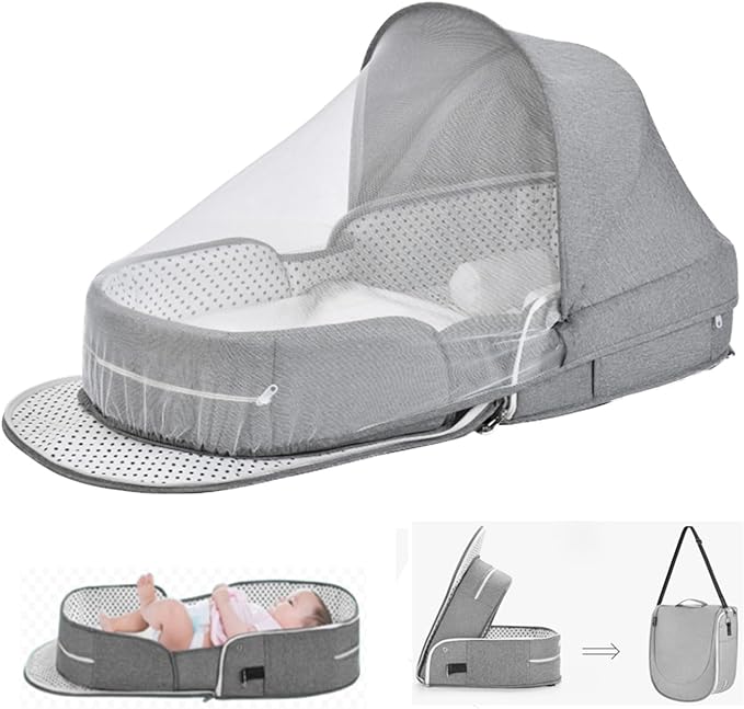Baby Travel Bassinet Portable Bassinets, Foldable Carry Bag Bassinet Travel Crib, Lightweight Baby Lounger Pod Infant Bed with 2-1 Mosquito & Canopy (Grey)