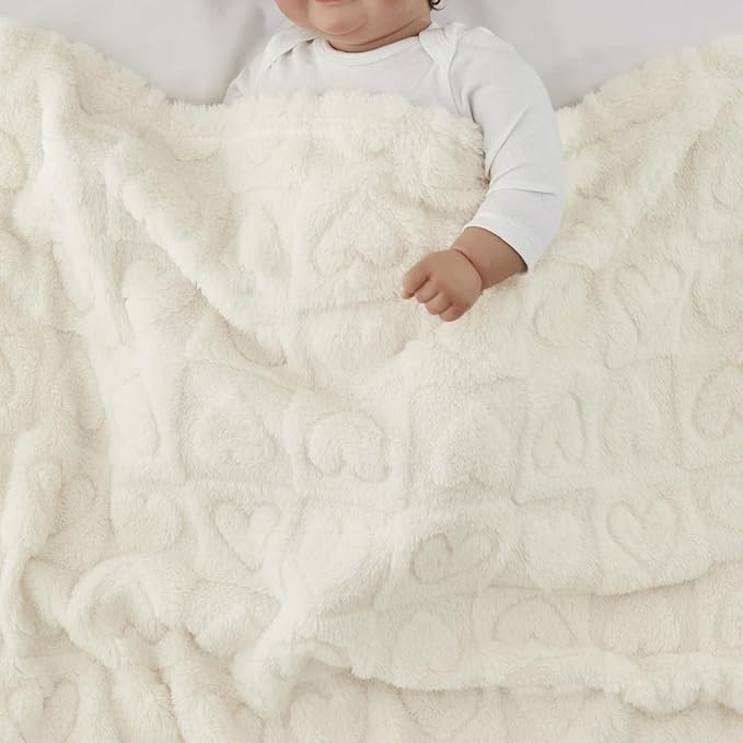 CREVENT 30"X40" Cozy Soft Warm Sherpa Baby Blanket for Girls Boys, Newborn Essentials for Infant, Baby Shower Receiving Gift - White Heart 75X100cm