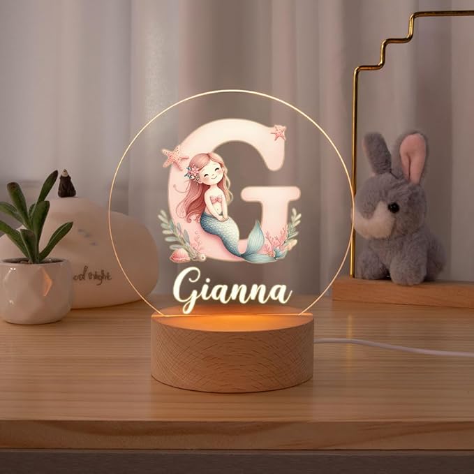 Personalized Mermaid Girl Night Light, Custom Name Acrylic LED Light 37 Patterns Option Nursery Decoration