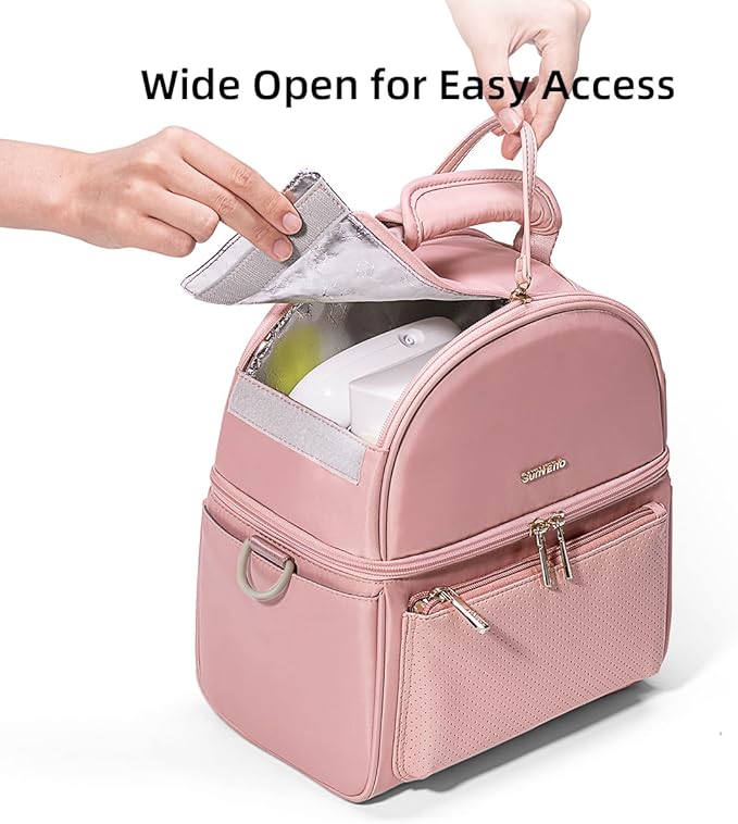 Sunveno Breastmilk Cooler Bag Set with 2 Ice Packs & Detachable Insulation Box, 15-Hour Cold Retention Foil-Lined Leak-Proof Tote Fits 3 Baby Bottles for On-The-Go Pumping Moms, Daycare & Travel,Pink