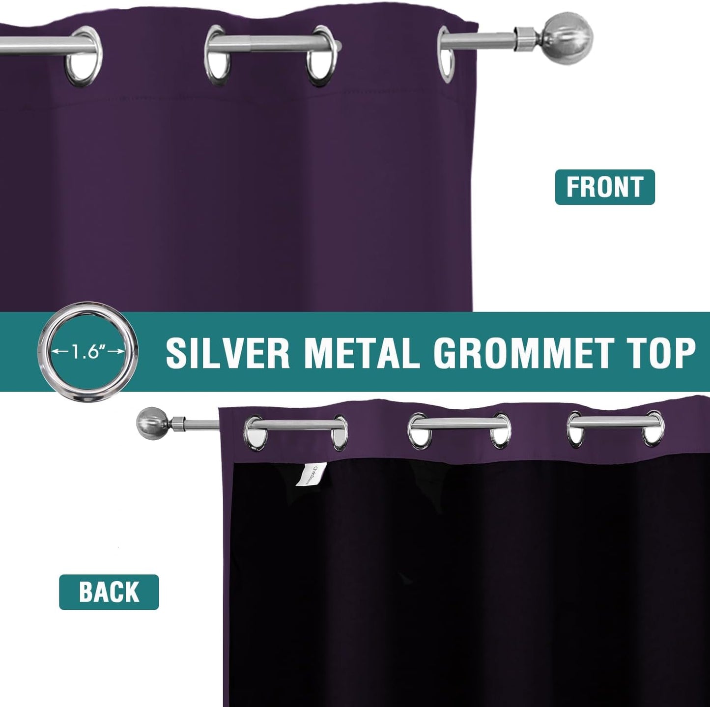 ChrisDowa 100% Blackout Curtains for Bedroom with Black Liner, 2 Thick Layers Total Blackout Thermal Insulated Grommet Window Curtains 2 Panels Set (Royal Purple, 42 x 84 Inch)