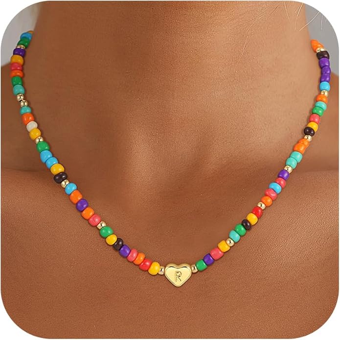 Colorful Heart Initial Necklaces for Girl Kids - 18K Gold Filled Colorful Bead Initial A-Z Letter Necklace Teen Girls Gifts Trendy Stuff Birthday Gifts for 5 6 7 8 9 10 Year Old Girls Gift