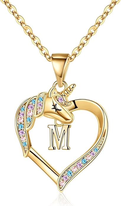 Hidepoo Unicorn Necklace Gifts for Girls - 14K-Gold-Plated Colorful CZ Heart Necklace Girls Jewelry Initial Unicorn Necklaces for Girl Birthday Gifts