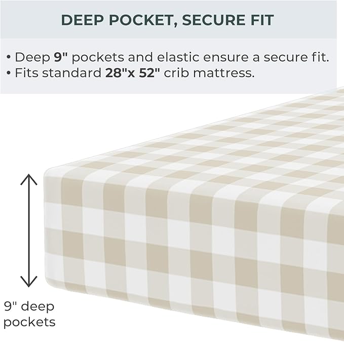 Pobibaby – 2 Pack Crib Sheets for Boys, Premium Fitted Baby Boy Crib Sheets for Standard Crib Mattress – Ultra-Soft Jersey Knit, Safe and Snug, Stylish Design (Gingham Khaki)
