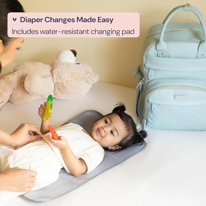 BabbleRoo Leather Diaper Bag Backpack - Baby Essentials Travel Baby Bag, Multi function, Water Resistant, with Changing Pad, Stroller Straps & Pacifier Case – Unisex, Powder Blue