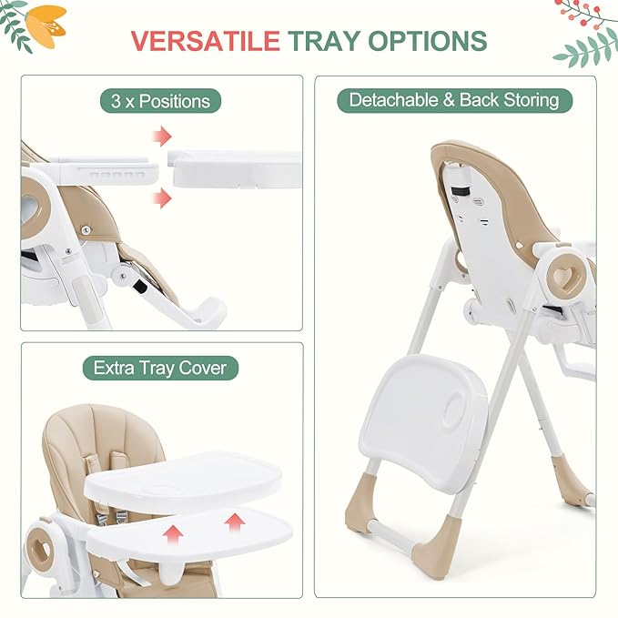 Foldable High Chairs for Babies and Toddlers, Adjustable Infant Baby Chair with Removable Tray and Non-Slip Foot Pads, Highchair for Children Aged 6 to 36 Months, Champagne