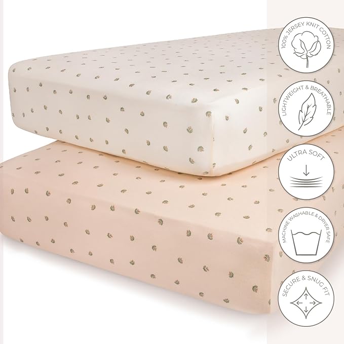 Ely’s & Co. Crib Sheets, Baby Girl Fitted Crib Mattress Sheet Set, 2 Pack, 100% Jersey Knit Cotton, Infant and Toddler Nursery Bedding, Pink Vintage Print, 28” x 52”