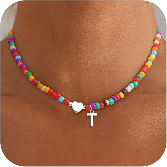 Colorful Initial Necklaces for Girls Women Kids - Teen Girls Gifts Trendy Beaded Initial Necklace Dainty Letter Gifts Choker Necklace for Girl Jewelry