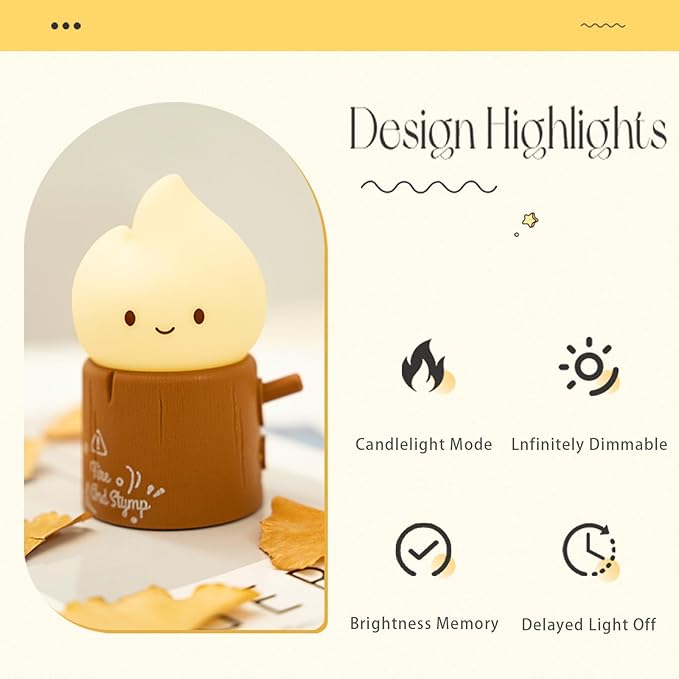 Ghost Campfire Night Light, Flamess Candle Lamp, Fire Lamp, Small Cute Night Light, 2 Modes/Rechargeable/Cordless/Dimmable Brightness, Kawaii Warm Lamps for Kids Bedroom Bedside Camping, Gift