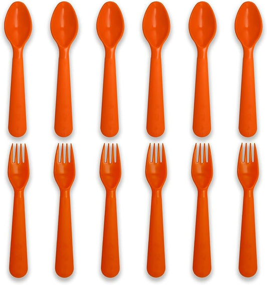 12 Pcs Kids Spoons and Forks Toddler Utensils Plastics Reusable Silverware Baby Cutlery Set Feeding Dinnerware Utensils BPA Free Microwave Dishwasher and Freezer Safe- Orange