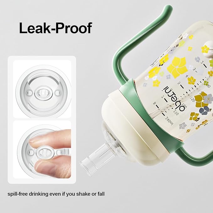 PPSU No Spill Sippy cups,Weighted Straw Toddler Water Bottle with Handle,Spill Proof Toddler Cup with Leakproof Spout for Baby 6-12 Months and Toddlers 1-3 (8 Ounce, Green, 3 Pack)