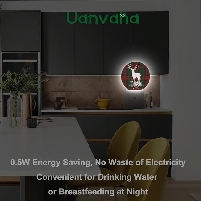 Tartan Checkered Plaid Nightlights Plug-in Reindeer with Christmas Bouquet Floral, Red Green Night Light Auto Dusk-to-Dawn Sensor Lamp for Boys Girls Bedroom Playroom, LEDLAMP3027