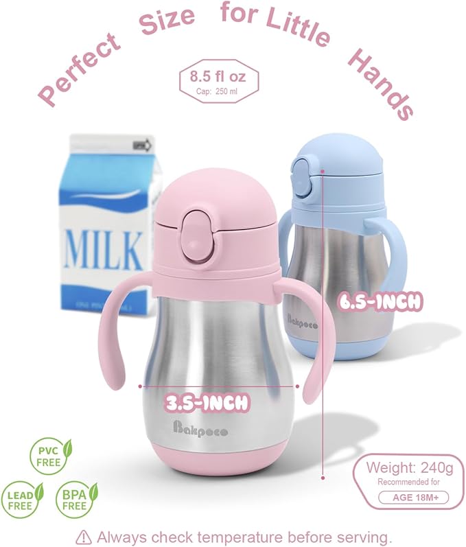 Stainless Steel Sippy Straw Cup for Toddlers 1-3 Years Old, Insulated Toddler Water Bottle Baby Training Tumbler with Handles, 8oz Kids Straw Cups for Travel, Daycare & At Home, Pink