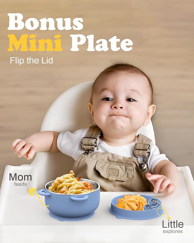 Baby Suction Bowls with Lids 4-Pack, 2-in-1 Stainless Steel 304 Toddler Bowl & Removable Silicone Suction Kids Bowl Plate Set Non Toxic Snack Dishes for Self-Feeding, Twilight Meadow