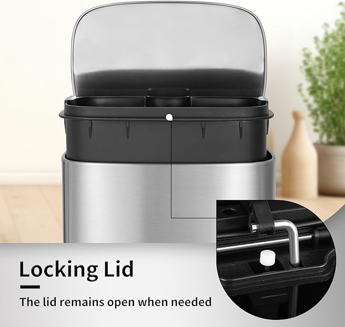 13.2+1.3 Gallon Trash Can Combo Set, Stainless Steel Garbage Bin with Pedal, Removable Inner Waste Bucket, Anti-Fingerprint, Soft-Close Locking Lid Dustbin for Kitchen, Bathroom, Office