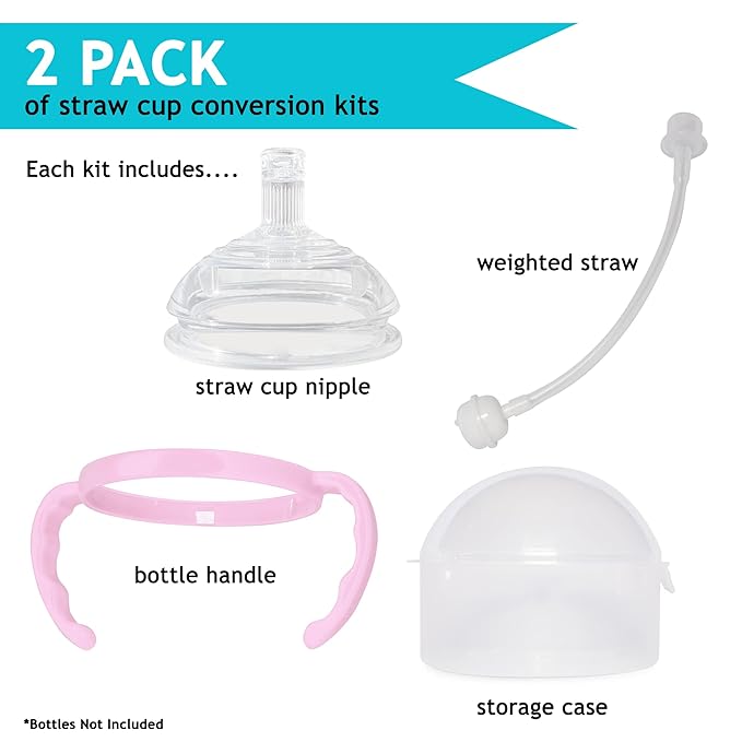 Botabee Straw Transition Cup Kit for Comotomo Baby Bottles | Conversion Kit Fits 5 & 8 Ounce Bottles | Soft, Silicone Straw Top Bottle Nipple & Weighted Straw to Help Baby - Pack of 2 (Pink)