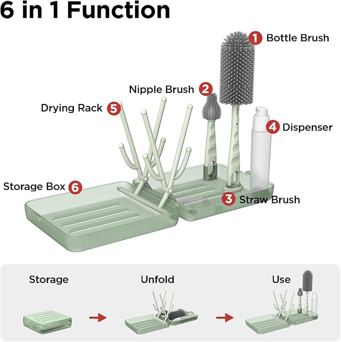 YOTIME Travel Bottle Brush Set, Auto-Open Rack & Vertical Brushs Drying Slots, 3 Brushes, Foldable Drying Rack, Dispenser, Travel Baby Essentials for On-The-Go Parents, Green
